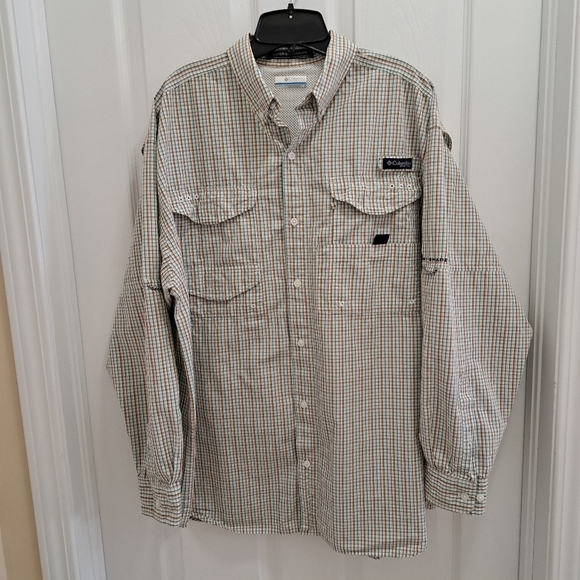 Columbia Sportswear PFG Shirt Men's Large White Tan Green Check Fishing Gear - Picture 14 of 14